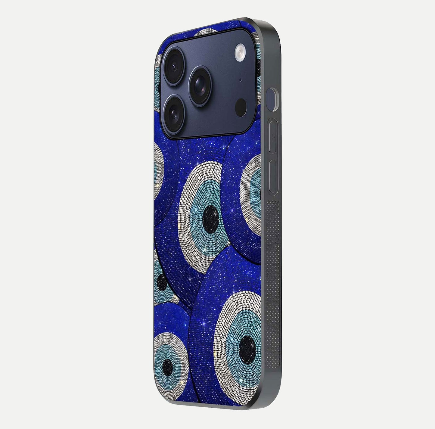 Galaxy Eye Flow Glass Case for iPhone 17 Pro side-angle image showing reflection detail and premium shine