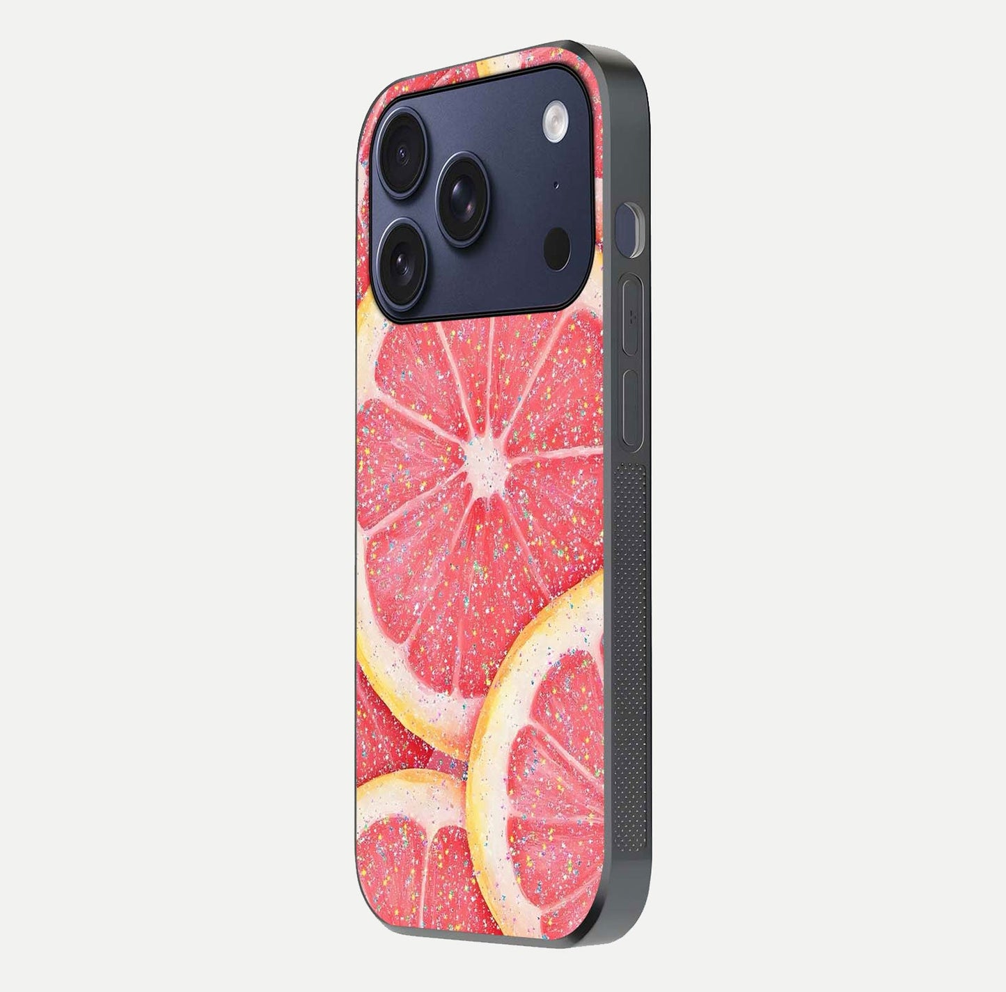 Glitter Grapefruit Glass Case for iPhone 17 Pro side-angle image showing reflection glow and polished edges