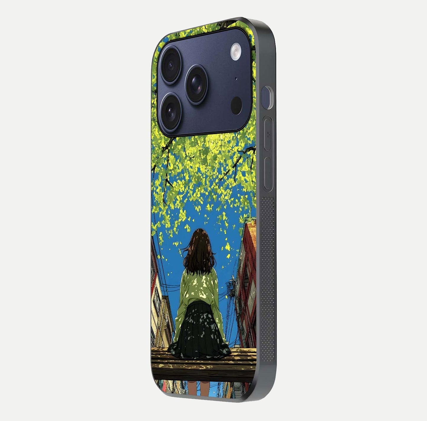 Golden Leaves Glow Glass Case for iPhone 17 Pro side-angle image showing reflection polish and elegant pattern