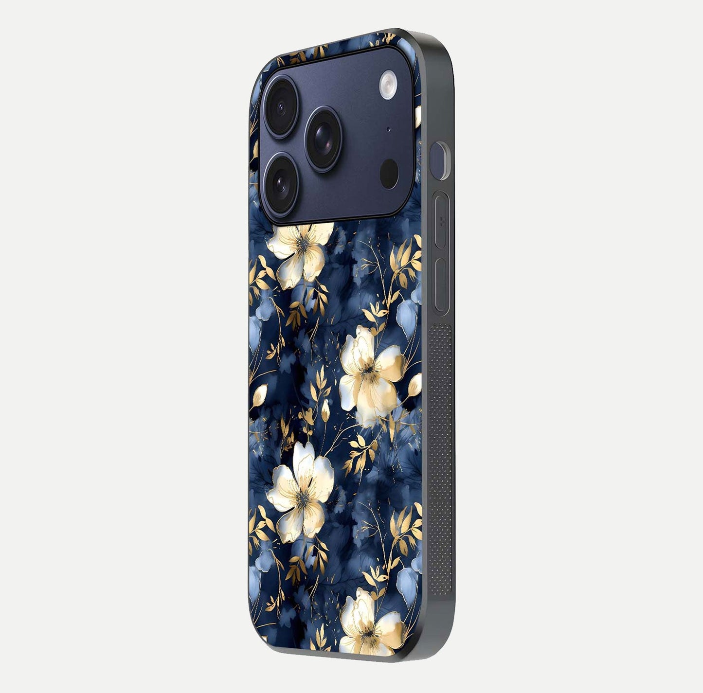 Golden Midnight Bloom Glass Case for iPhone 17 Pro side-angle image showing shine depth and elegant edge design