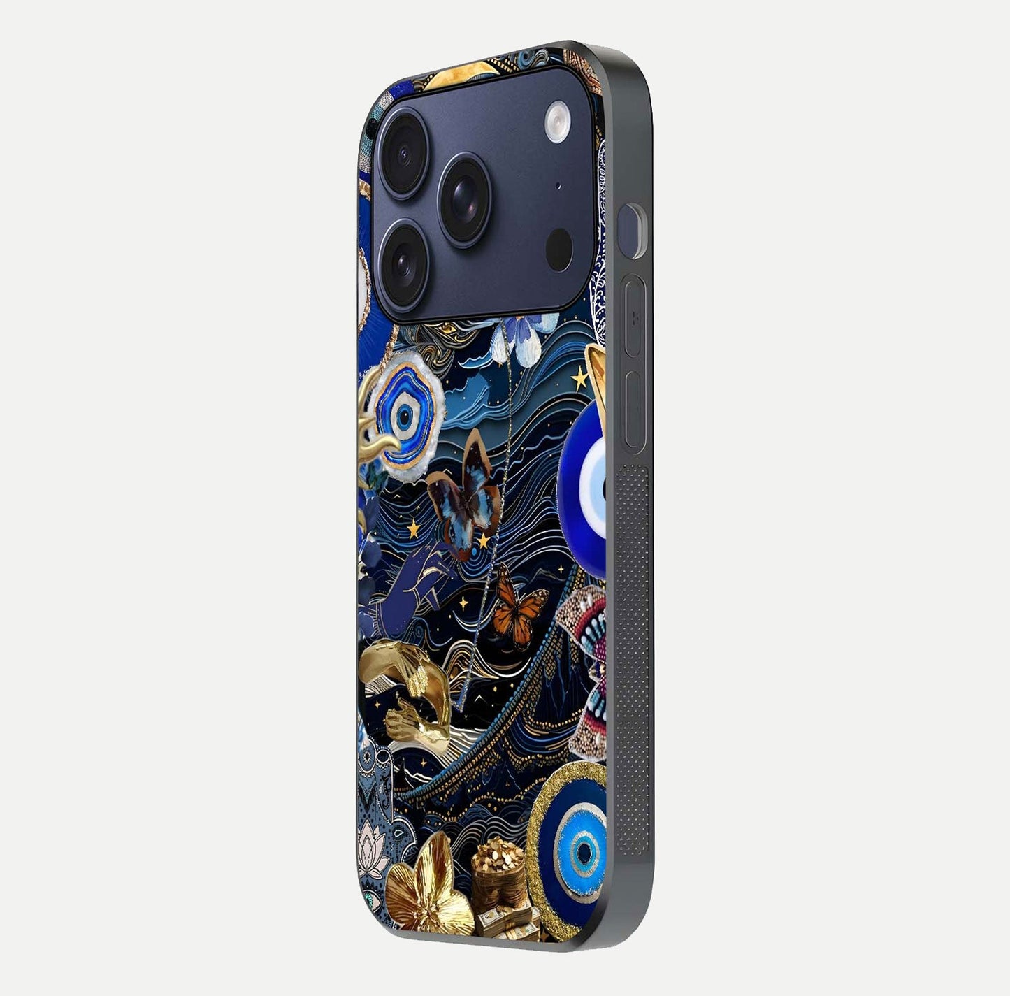 Golden Moon Magic Glass Case for iPhone 17 Pro side-angle image showing reflection glow, curved polish, and moon detail