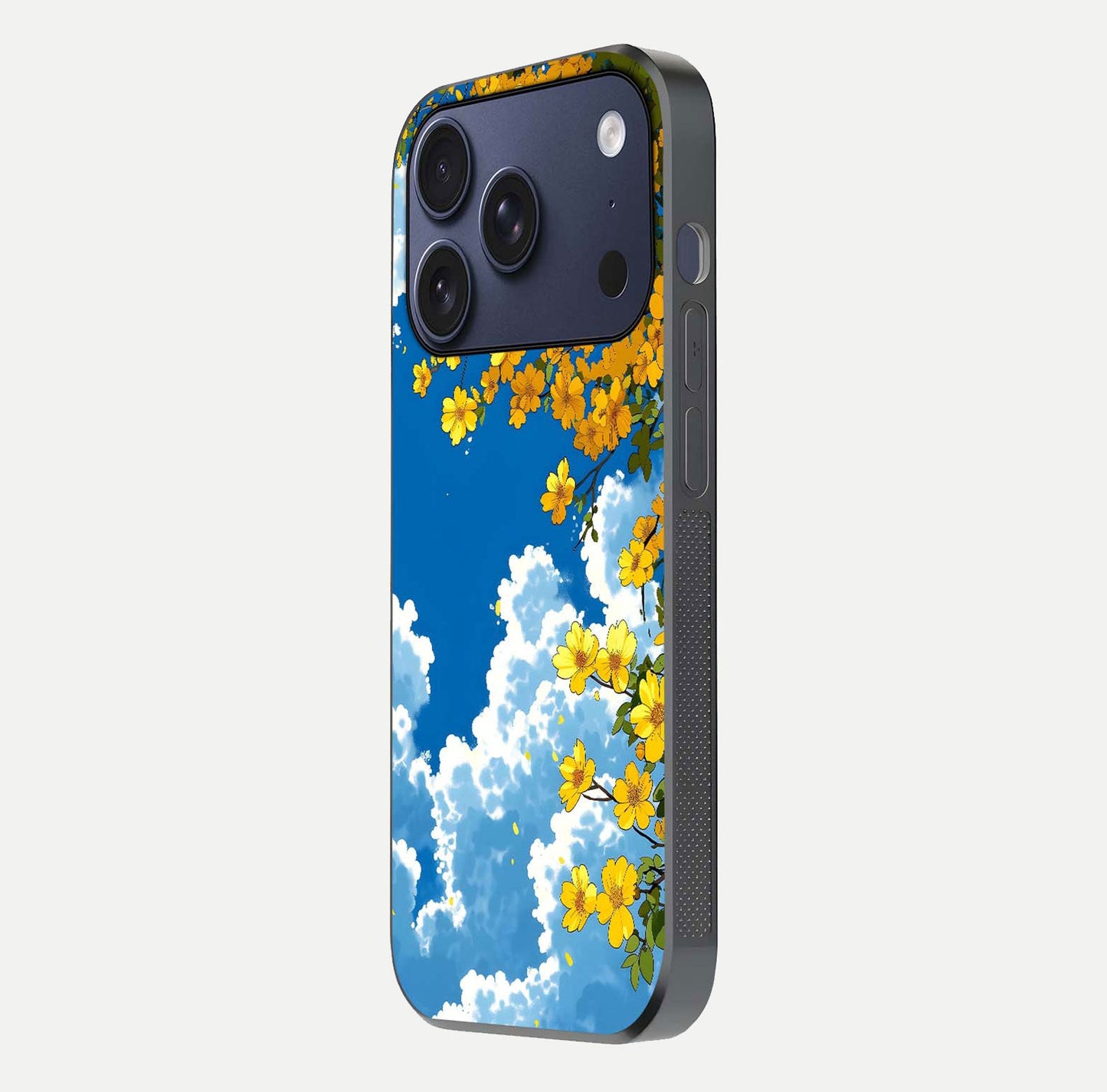 Golden Petal Sky Glass Case for iPhone 17 Pro side-angle image showing reflection depth and metallic floral tones