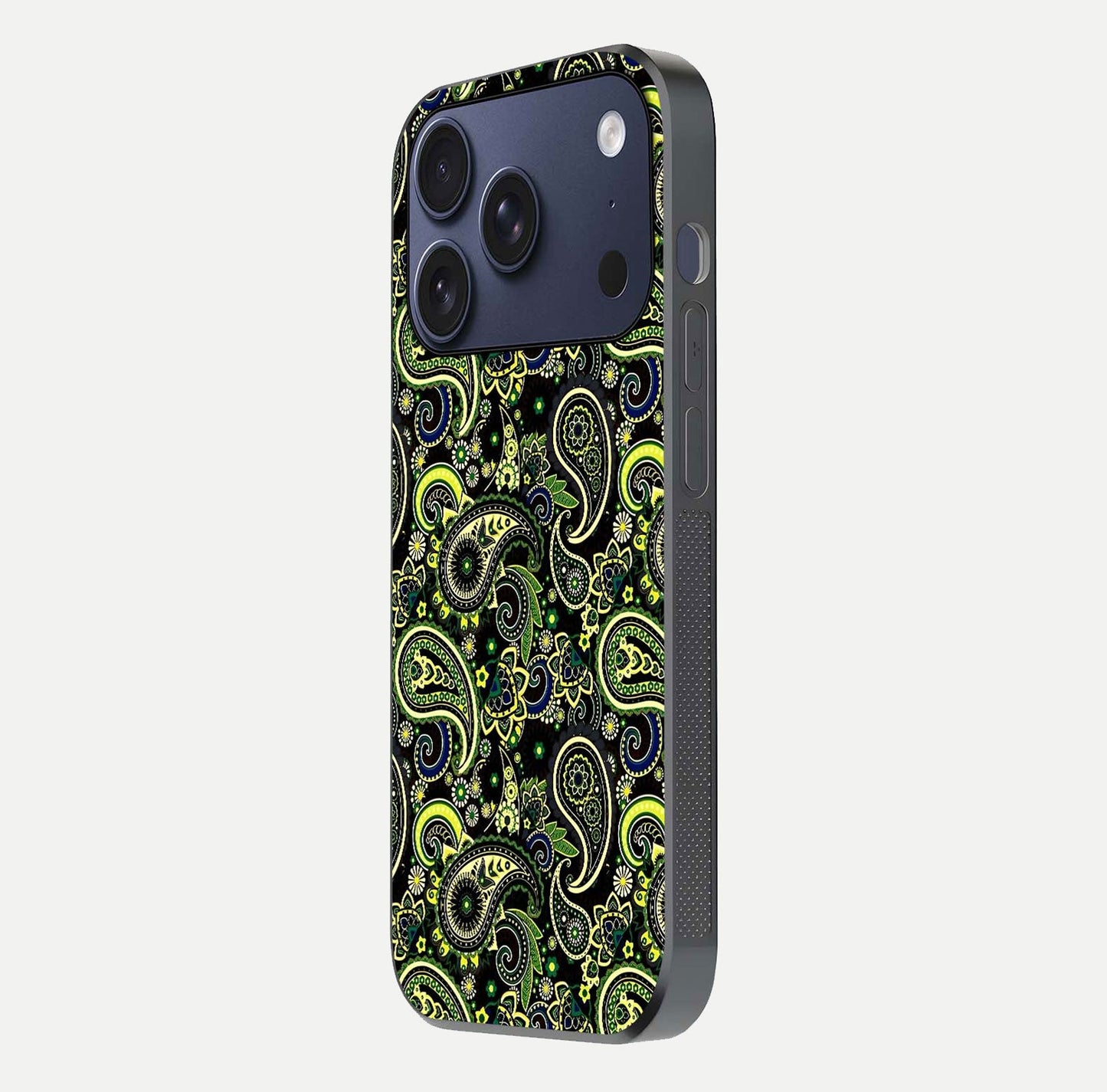 Green Mandala Pattern Glass Case for iPhone 17 Pro side-angle image showing reflection clarity and detailed pattern lines