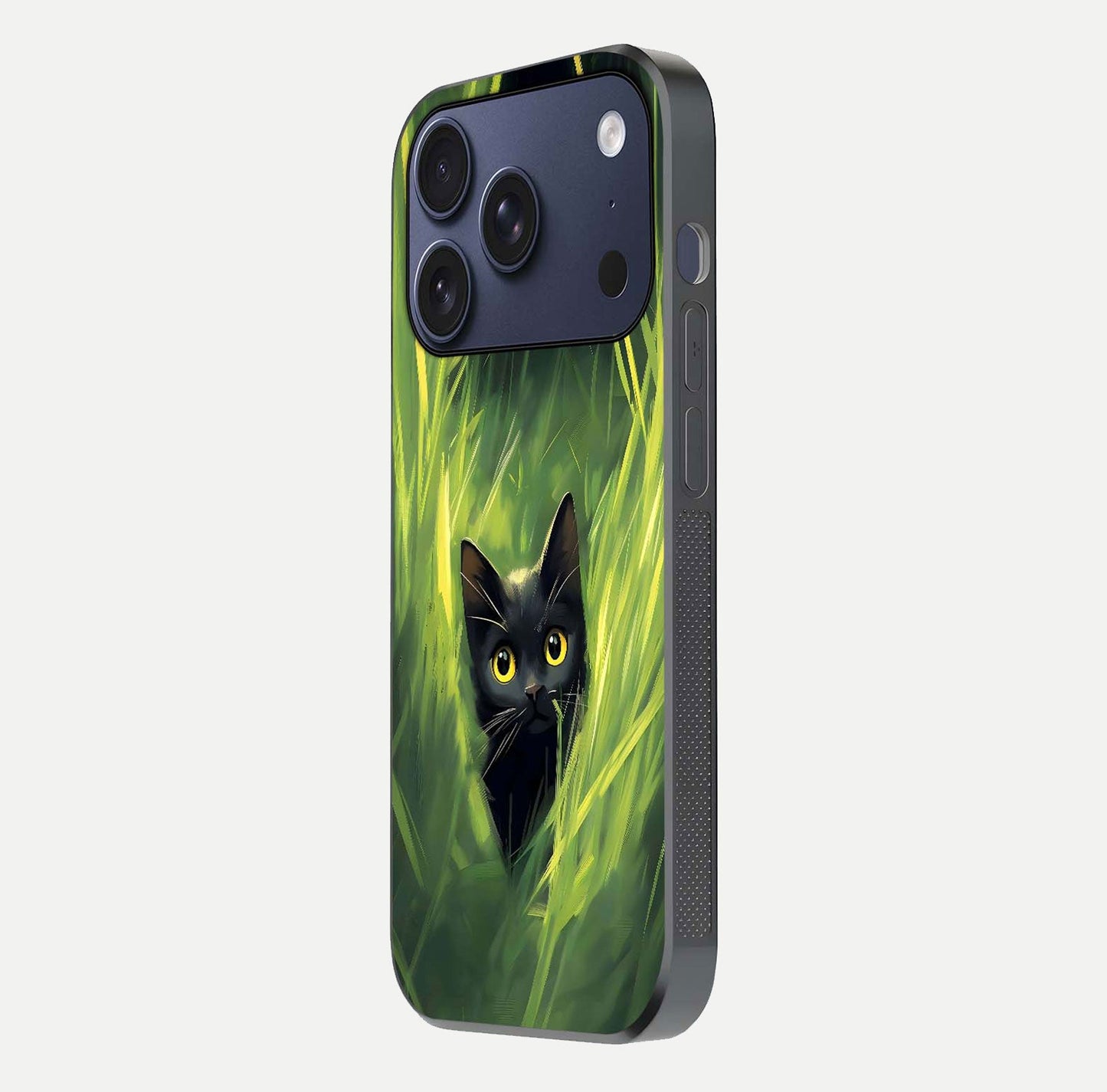Hidden Cat Whisper Glass Case for iPhone 17 Pro side-angle image showing reflection glow and subtle artistic texture