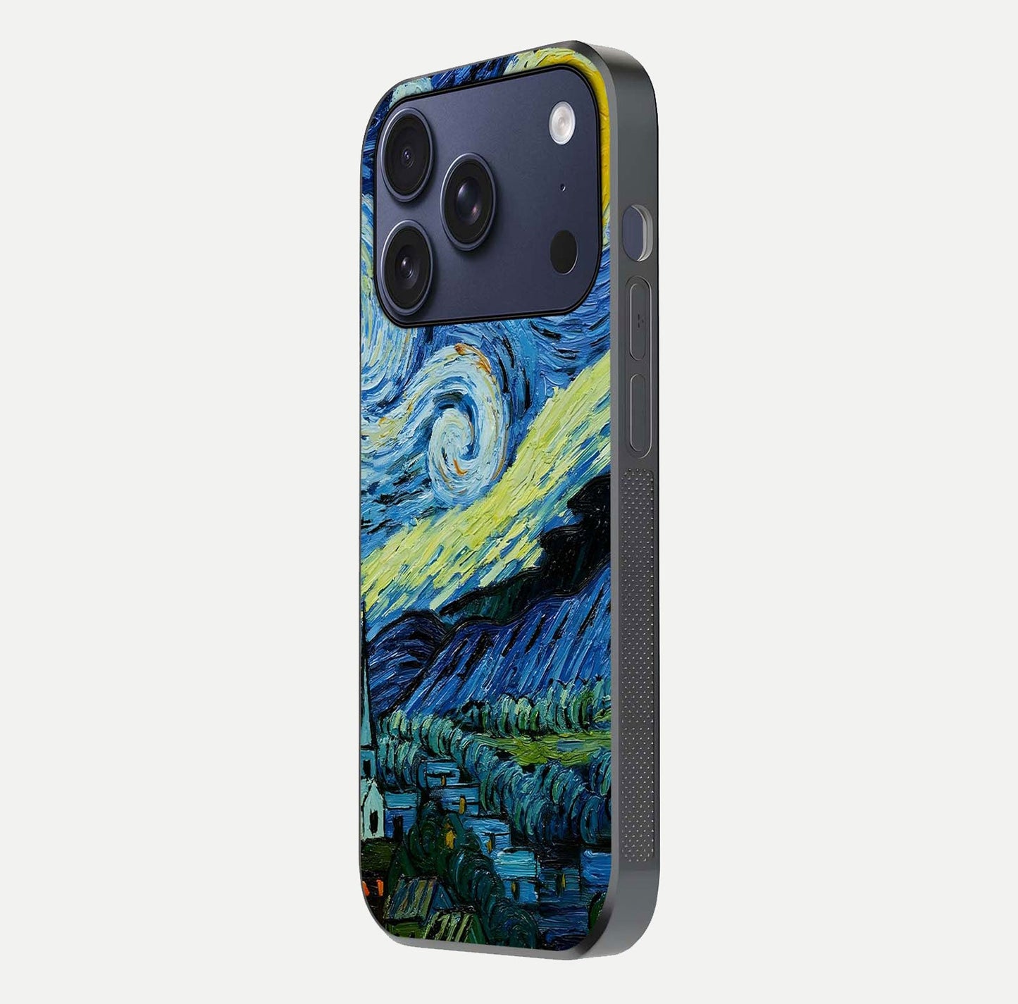 Inspired Van Gogh Art Glass Case for iPhone 17 Pro side-angle image showing reflection brilliance and painted surface look