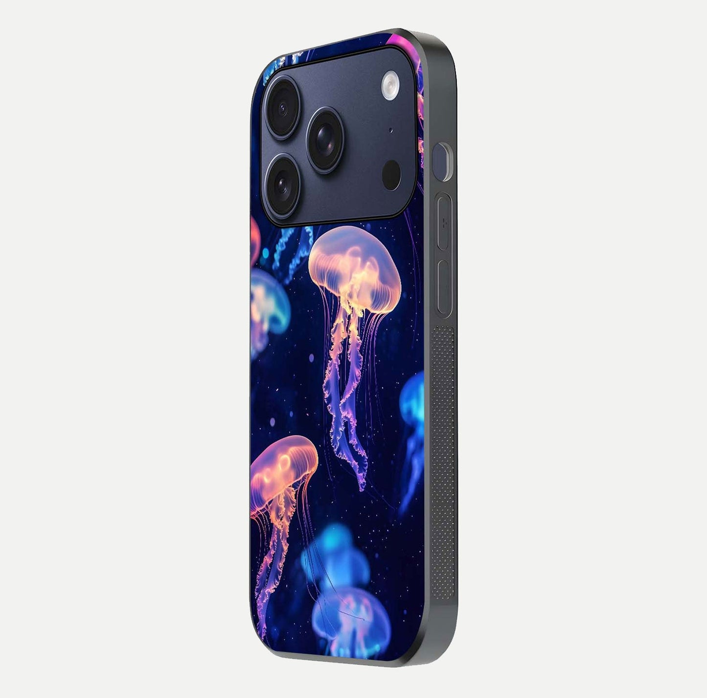 Jellyfish Pattern Glass Case for iPhone 17 Pro side-angle image showing reflection glow and soft water-blue gradient