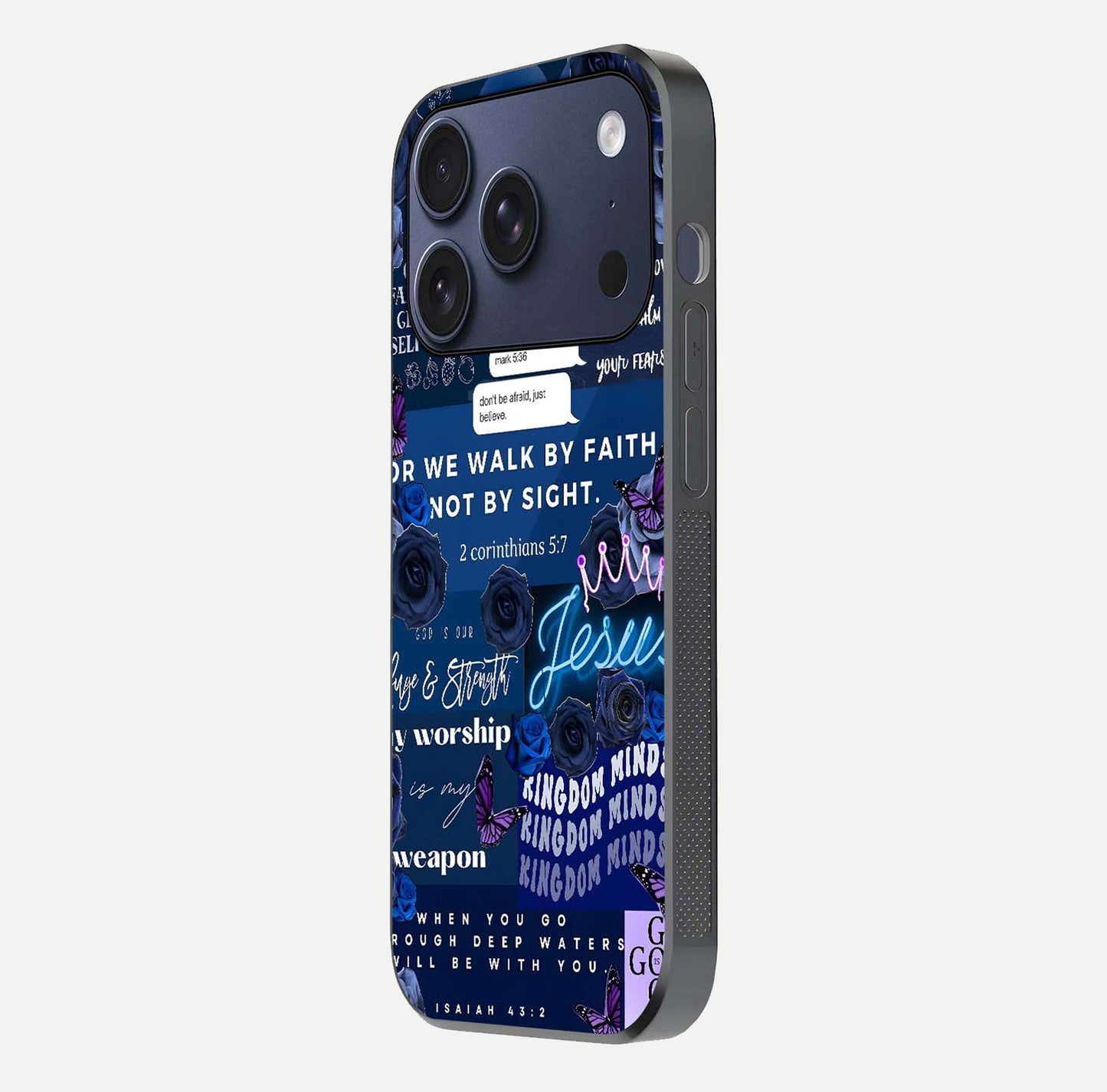 Kingdom Faith Glow Glass Case for iPhone 17 Pro side-angle image with reflective cross and faith glow