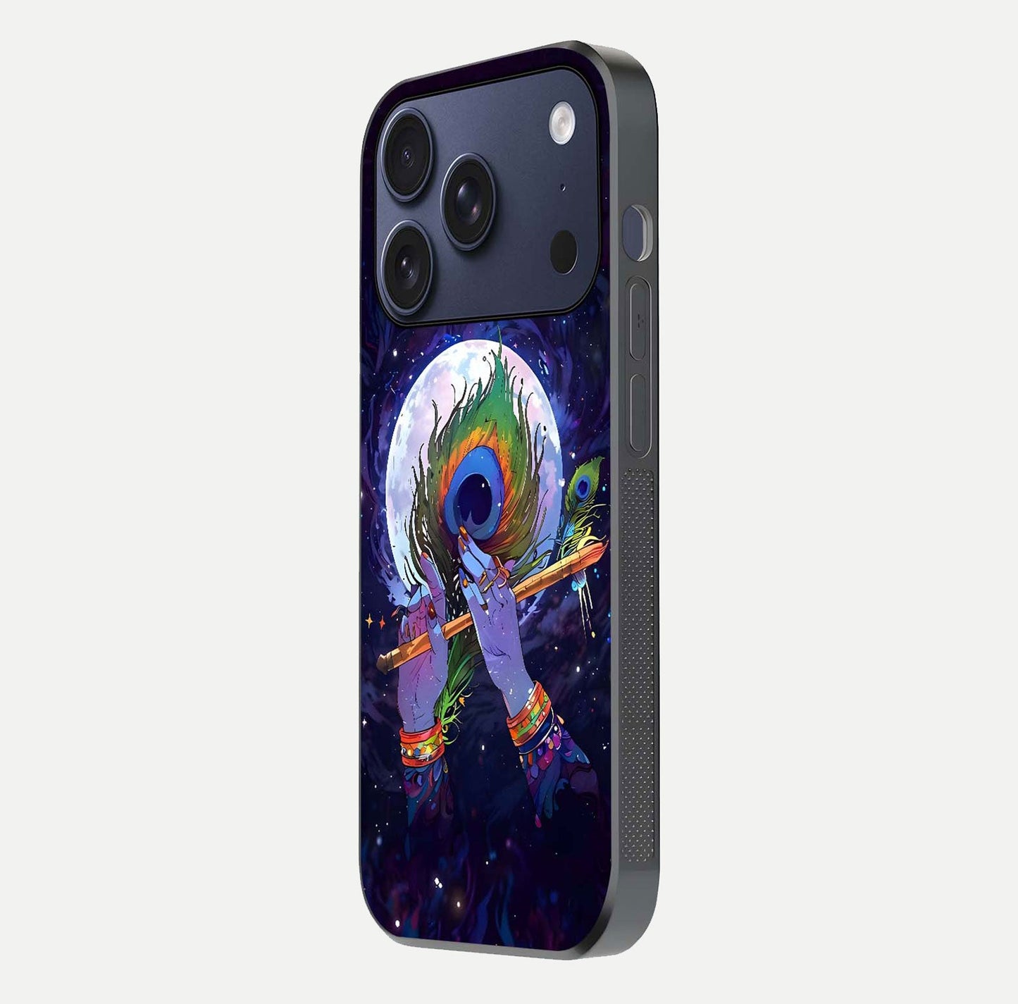 Krishna Hands Art Glass Case for iPhone 17 Pro side-angle image highlighting reflection brightness and vivid print