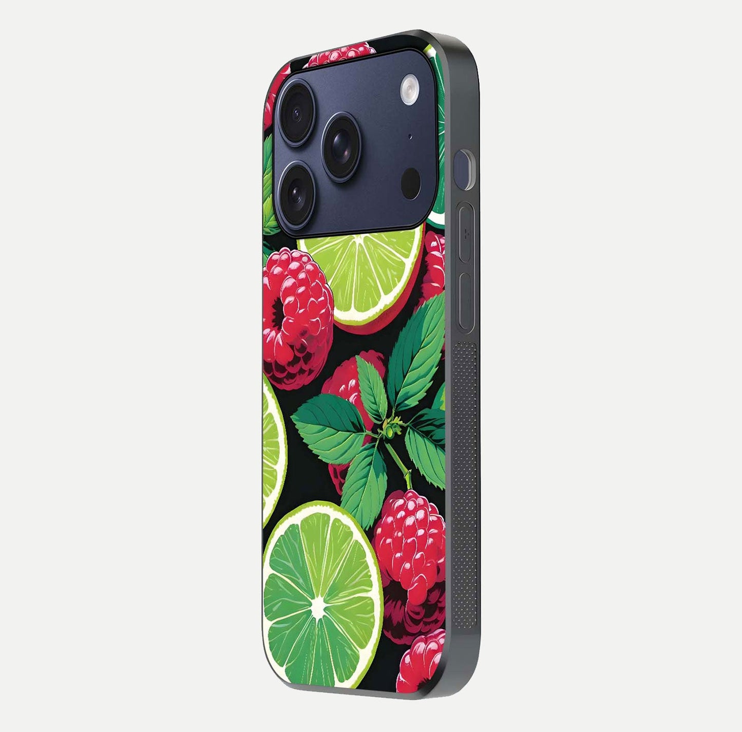 Lime and Raspberry Pattern Glass Case for iPhone 17 Pro side-angle view revealing colorful fruit artwork details