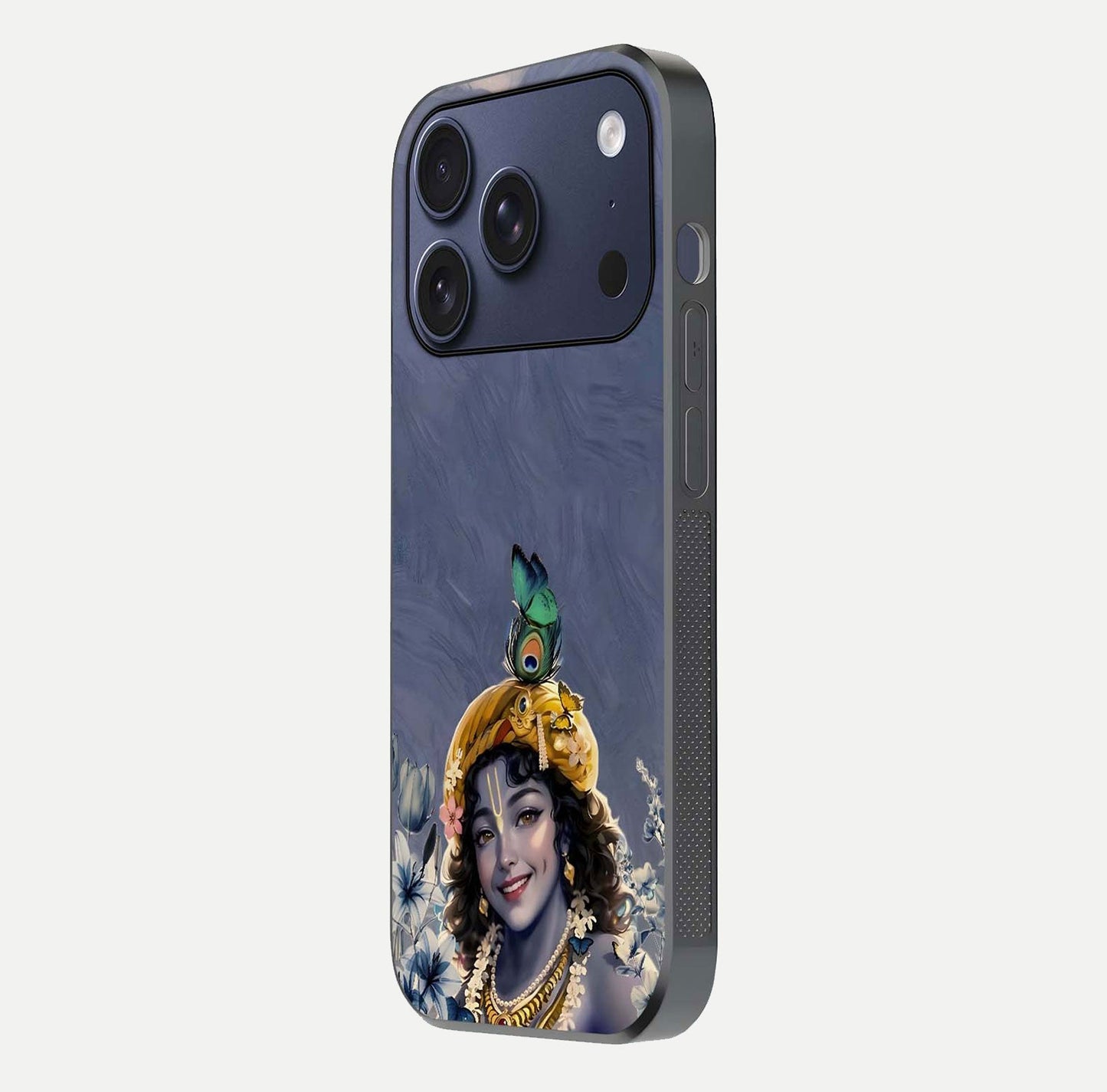 Lord Krishna Glass Case for iPhone 17 Pro side-angle image emphasizing premium reflection and sacred motif