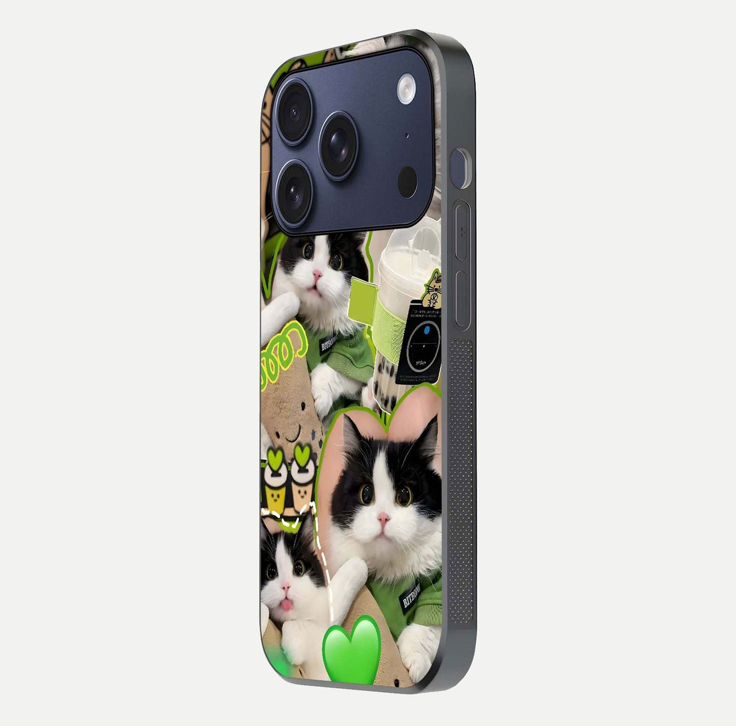 Matcha Cats Mood Glass Case for iPhone 17 Pro side-angle image showing shine clarity and cat pattern charm