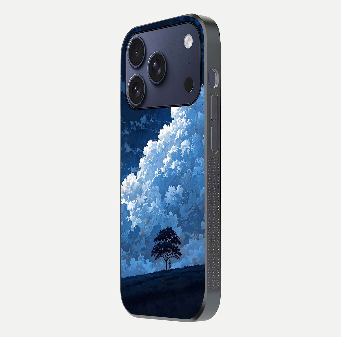 Midnight Sky Serenity Glass Case for iPhone 17 Pro side-angle image showing soft glow and smooth reflection