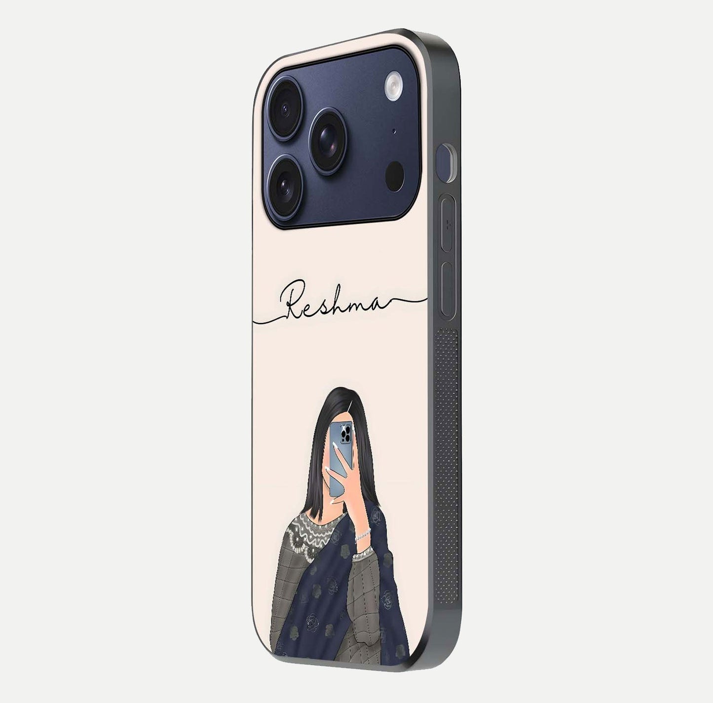 Mirror Mood Muse Custom Name Glass Case for iPhone 17 Pro side-angle image emphasizing glossy mirror texture