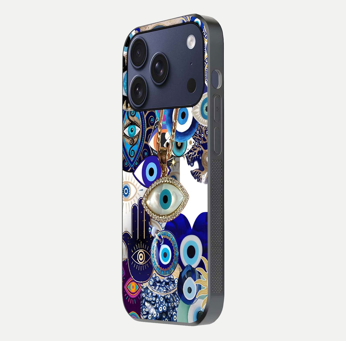 Mystic Charm Eye Glass Case for iPhone 17 Pro side-angle image showing HD reflection and sacred tone