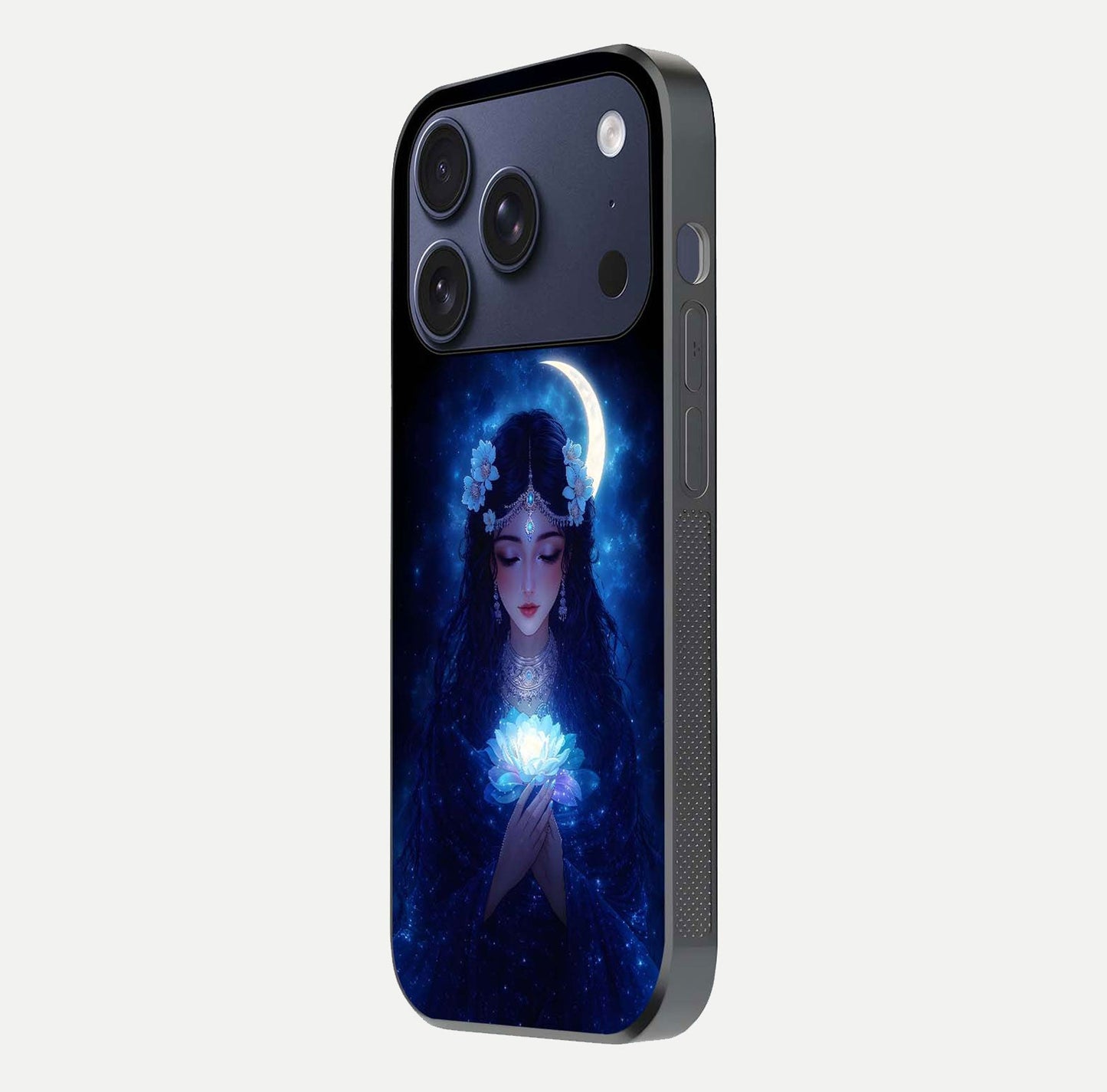 Mystic Moon Queen Glass Case for iPhone 17 Pro side-angle image showing reflection and celestial details