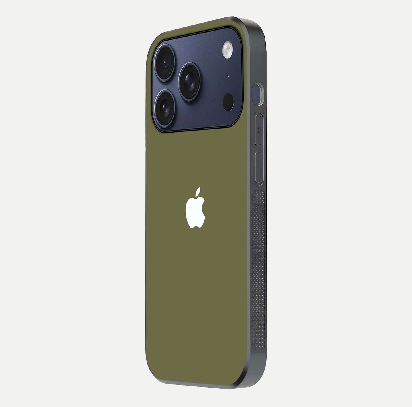 Olive Matte Essence Glass Case for iPhone 17 Pro side-angle image showing soft hue and elegant smooth surface