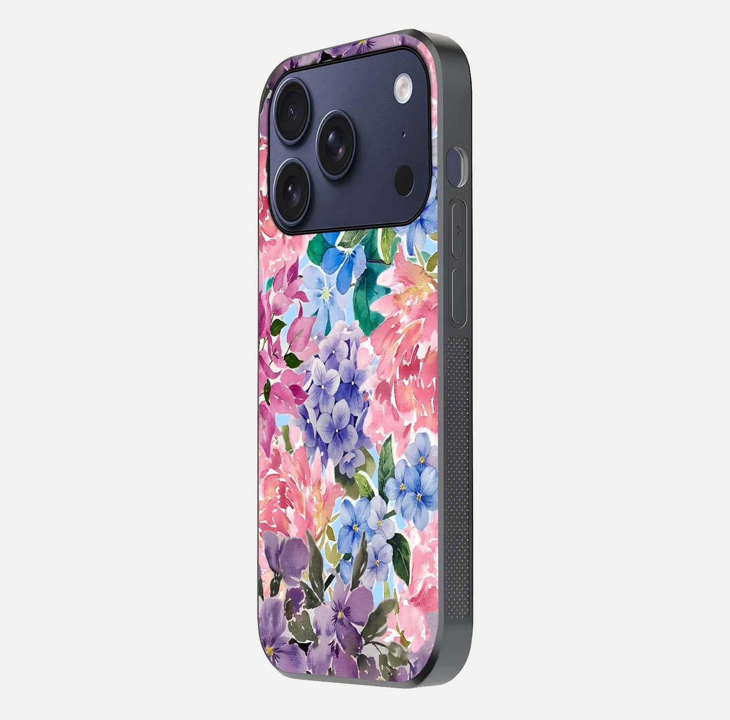 Pastel Floral Mix Glass Case for iPhone 17 Pro side-angle image showing reflection and delicate pastel hues