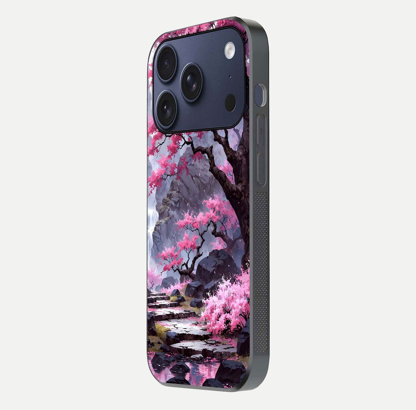 Pinkish Scenery Glass Case for iPhone 16 Pro side-angle image showing depth, gloss, and scenic details