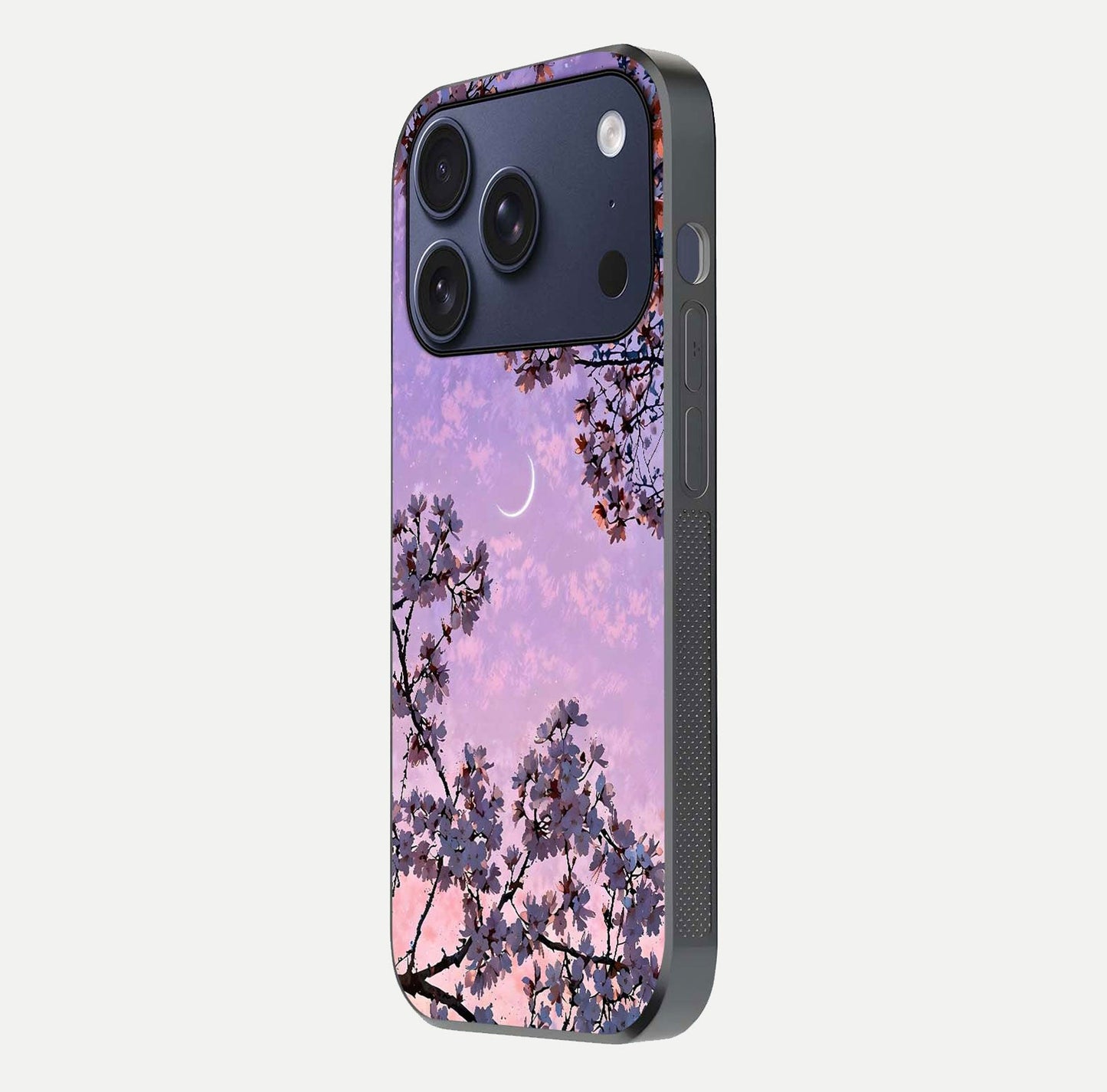 Purple Serenity Moon Glass Case for iPhone 17 Pro side-angle image showing reflection and lunar art precision