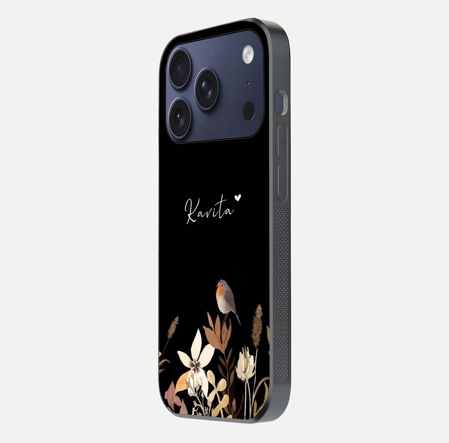 Quiet Garden Tune Custom Name Glass Case for iPhone 17 Pro side-angle image showing reflection and floral design