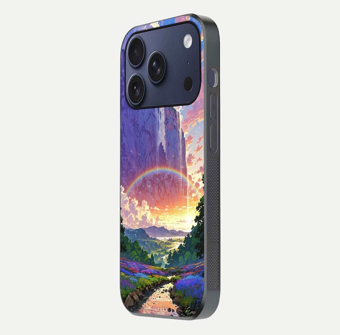 Rainbow Valley Dream Glass Case for iPhone 17 Pro side-angle image showing light reflection and scenic tones