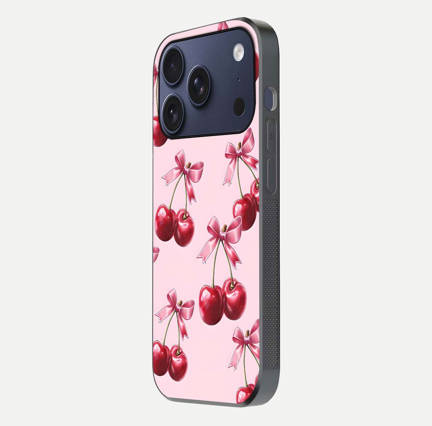 Red Bloom Skies Glass Case for iPhone 16 Pro side-angle image showing reflection, print clarity, and tone blend