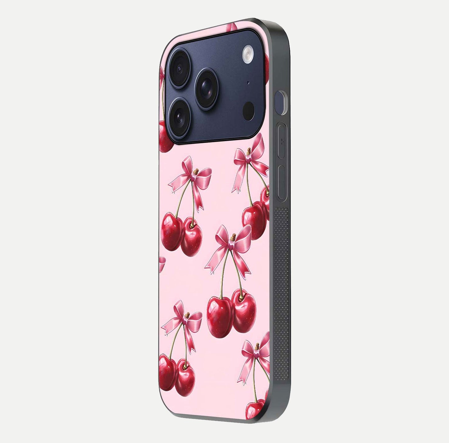 Red Cherries Pattern Glass Case for iPhone 17 Pro side-angle image showing gloss surface and cherry details