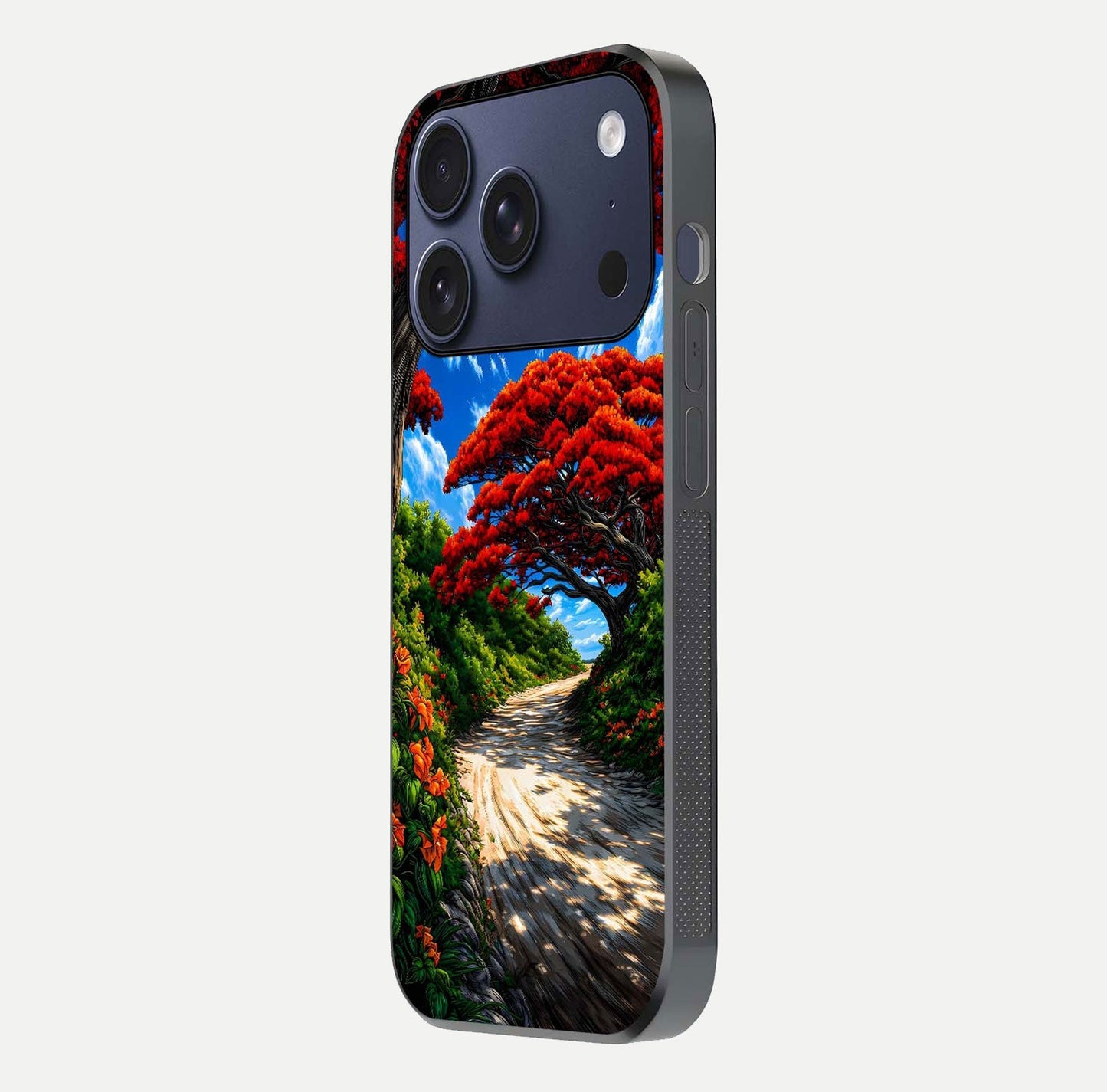 Red Trees Pathway Glass Case for iPhone 17 Pro side-angle image showing reflection and autumn vibe