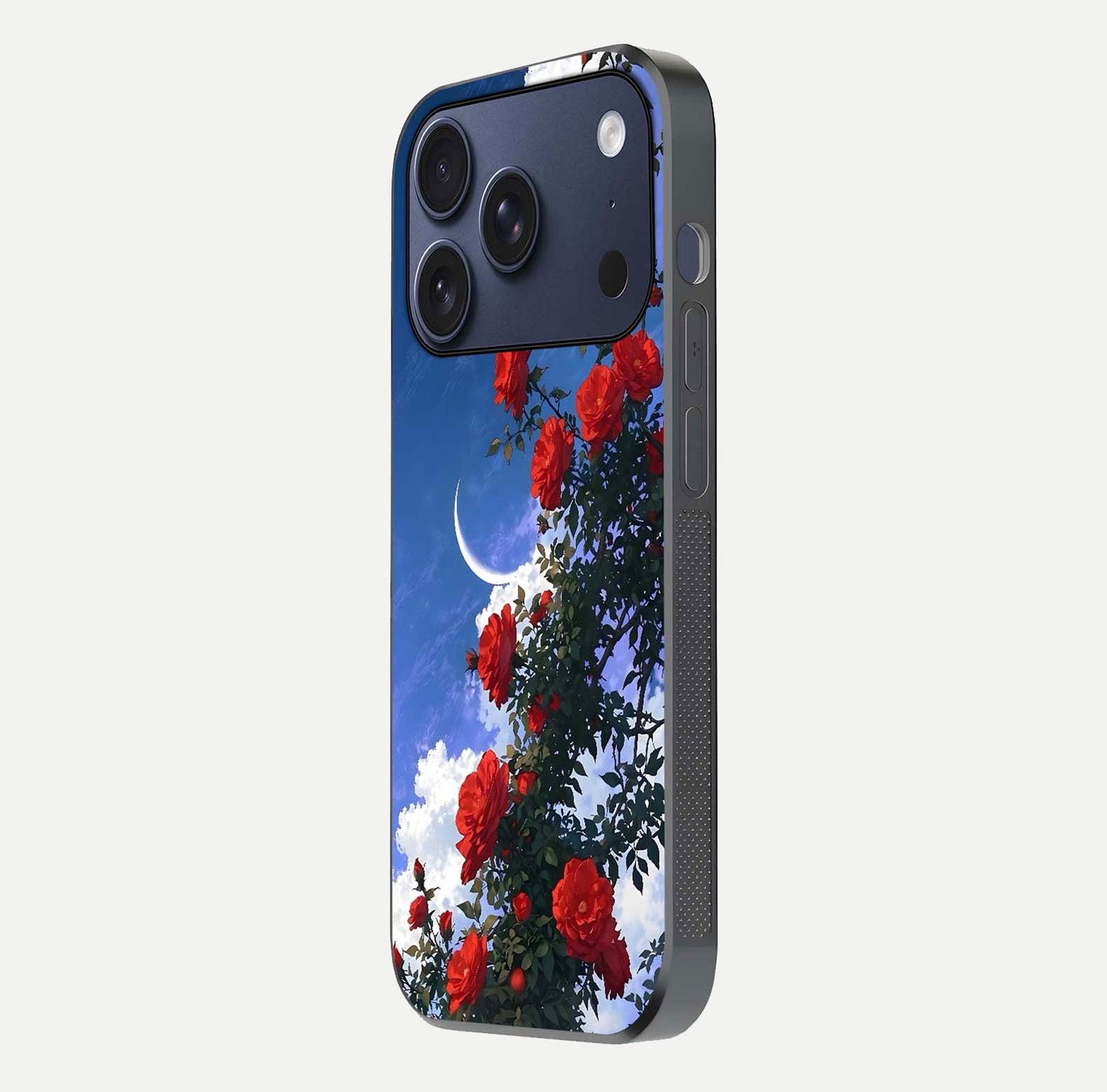 Rose Drift Flowers Glass Case for iPhone 17 Pro side-angle image showing reflection and petal detail