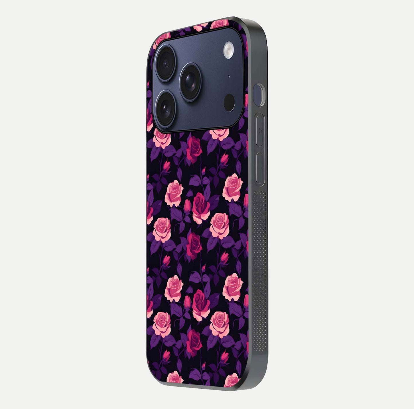 Rose Garden Twilight Glass Case for iPhone 17 Pro side-angle image showing reflection, gloss, and floral detail