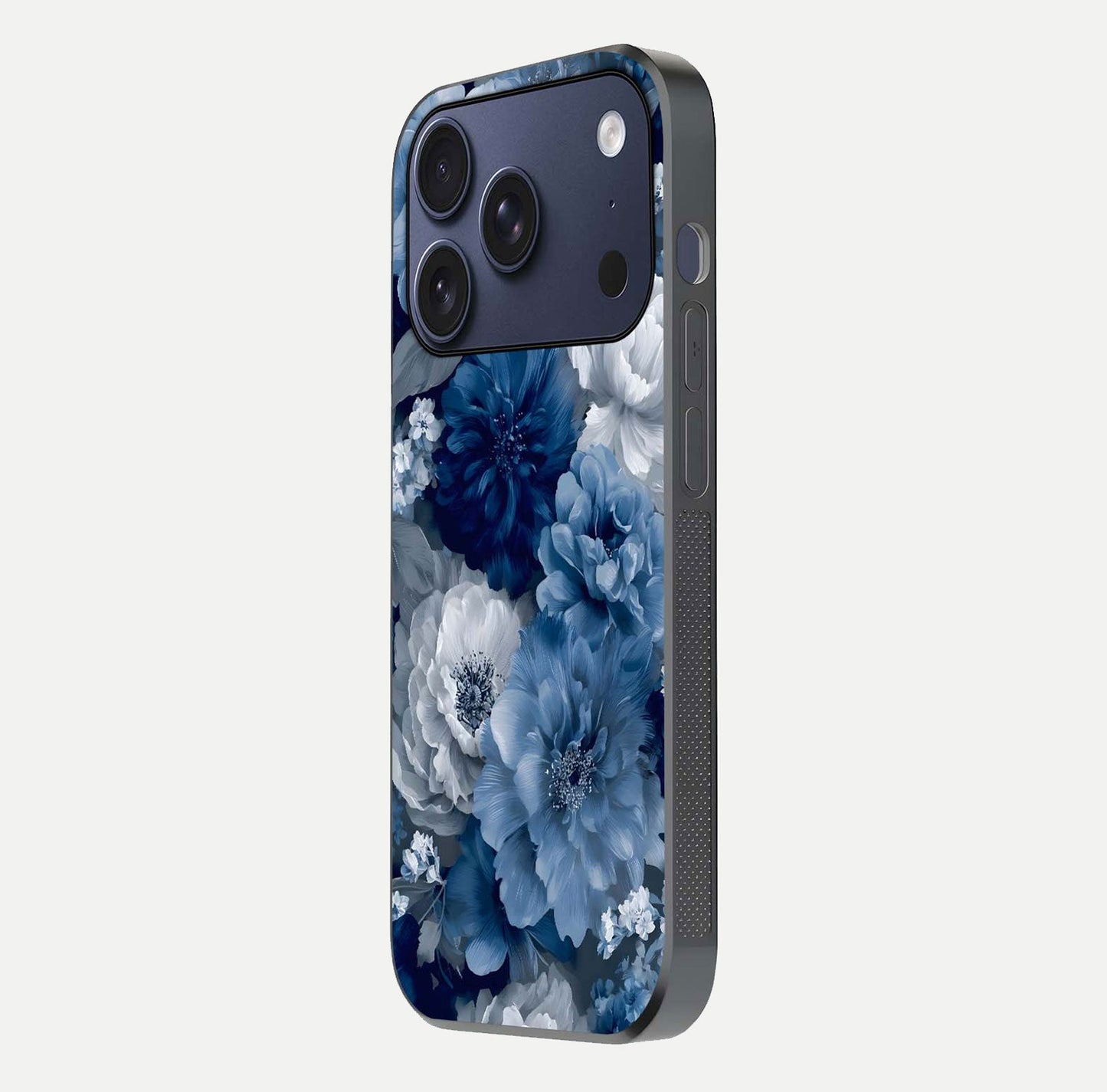 Royal Bloom Garden Glass Case for iPhone 16 Pro side-angle image showing floral pattern, edges, and reflection