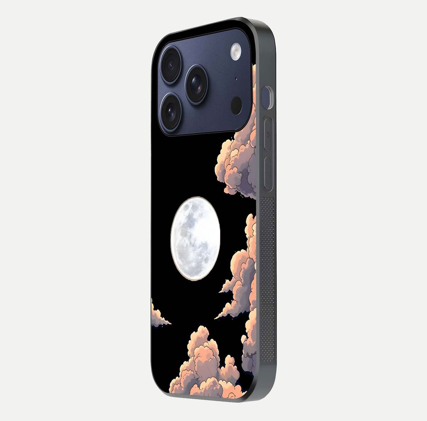 Shade Cloud Moon Glass Case for iPhone 17 Pro side-angle image showing reflection and night-sky detail