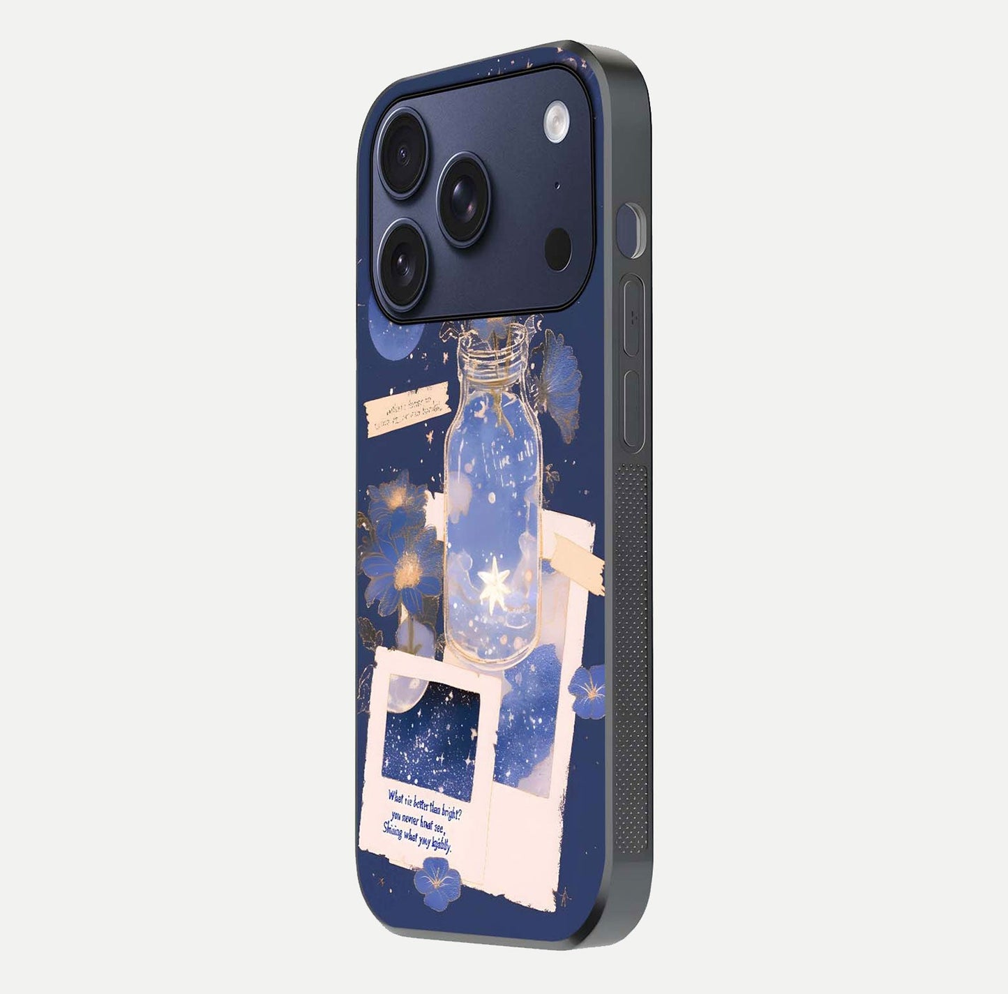Starlit Cosmic Jar Glass Case for iPhone 17 Pro side-angle image showing glow, texture, and light reflection