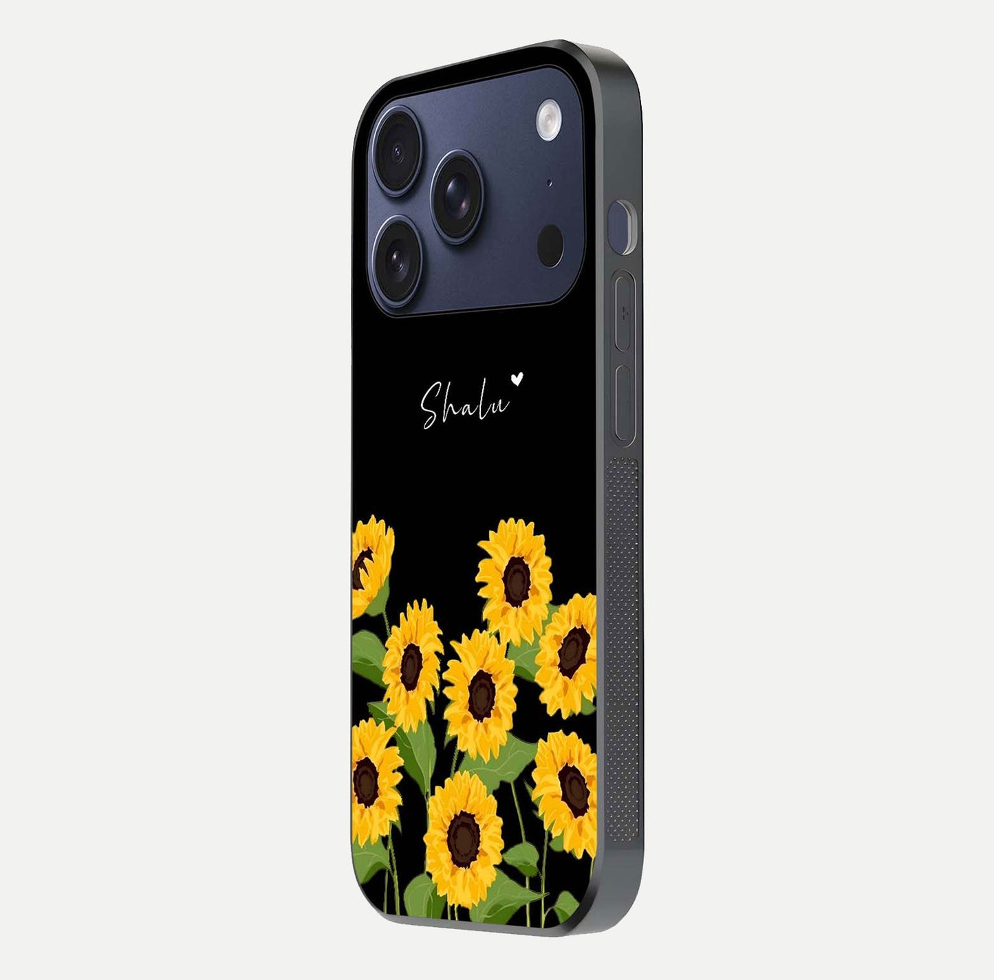 Sunflower Chic Mood Custom Name Glass Case for iPhone 17 Pro side-angle image showing reflection and yellow floral tone