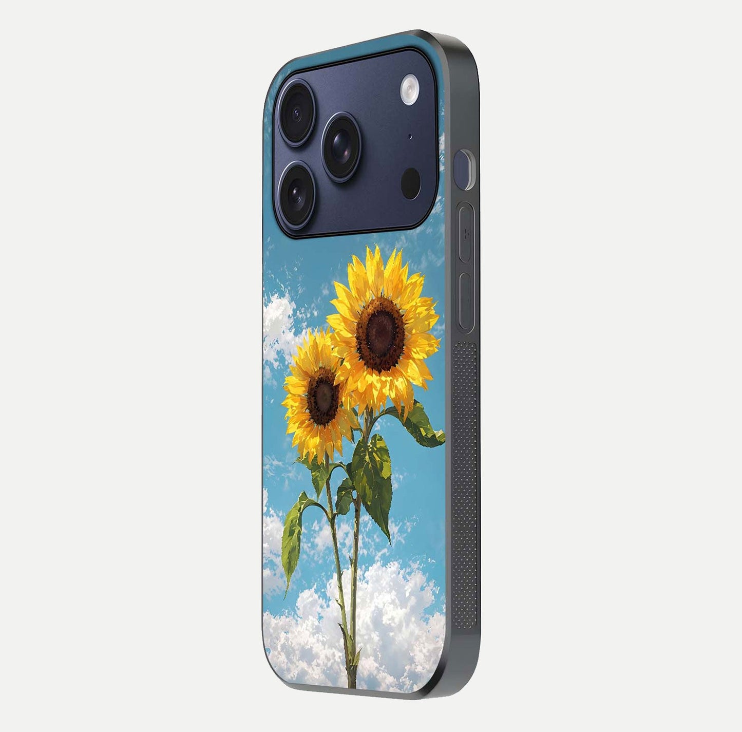 Sunflower Sky Bloom Glass Case for iPhone 17 Pro side-angle image showing reflection, edges, and sunflower color