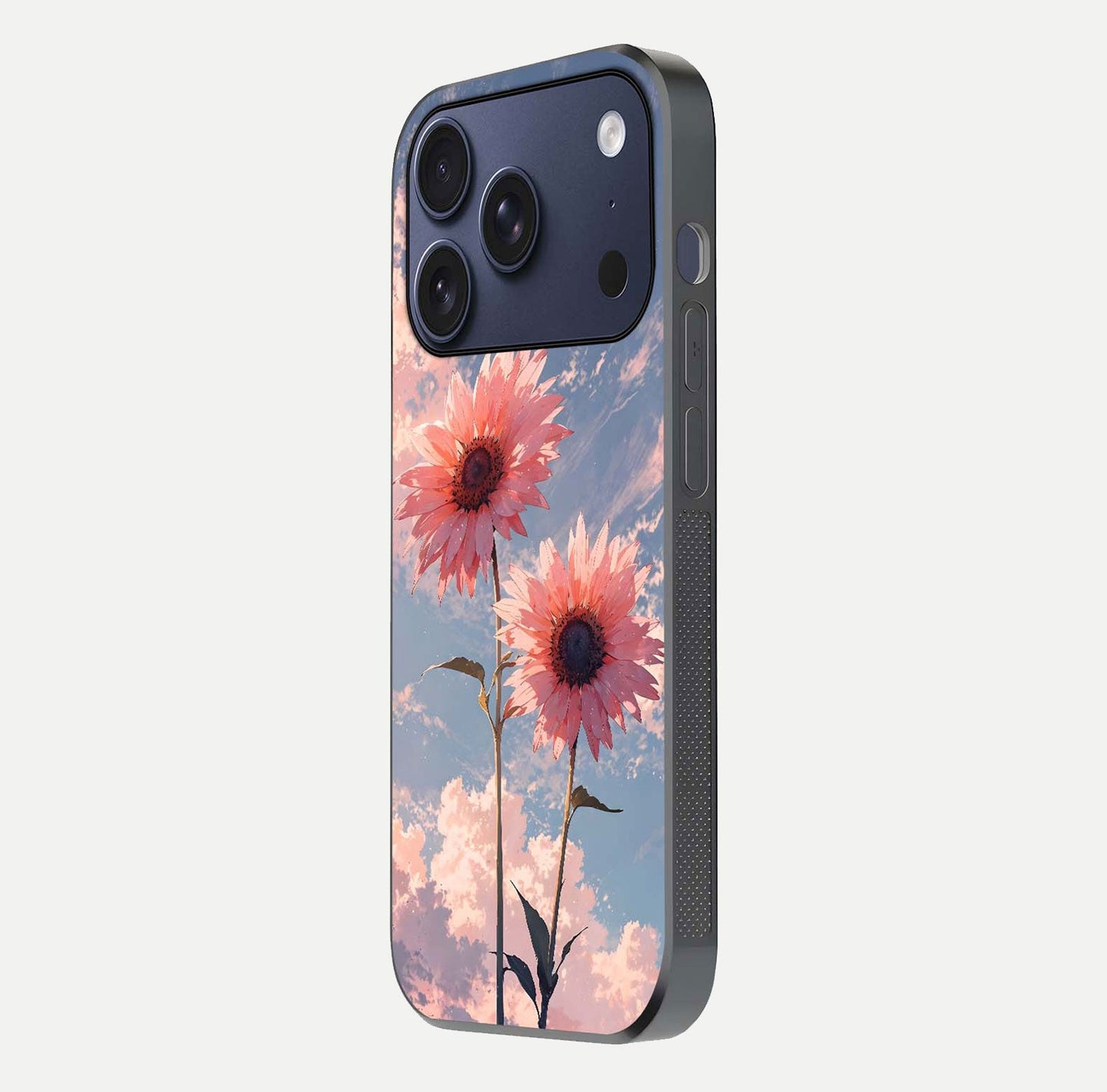 Sunlit Daisy Glow Glass Case for iPhone 17 Pro side-angle image showing shine, gloss, and floral highlight