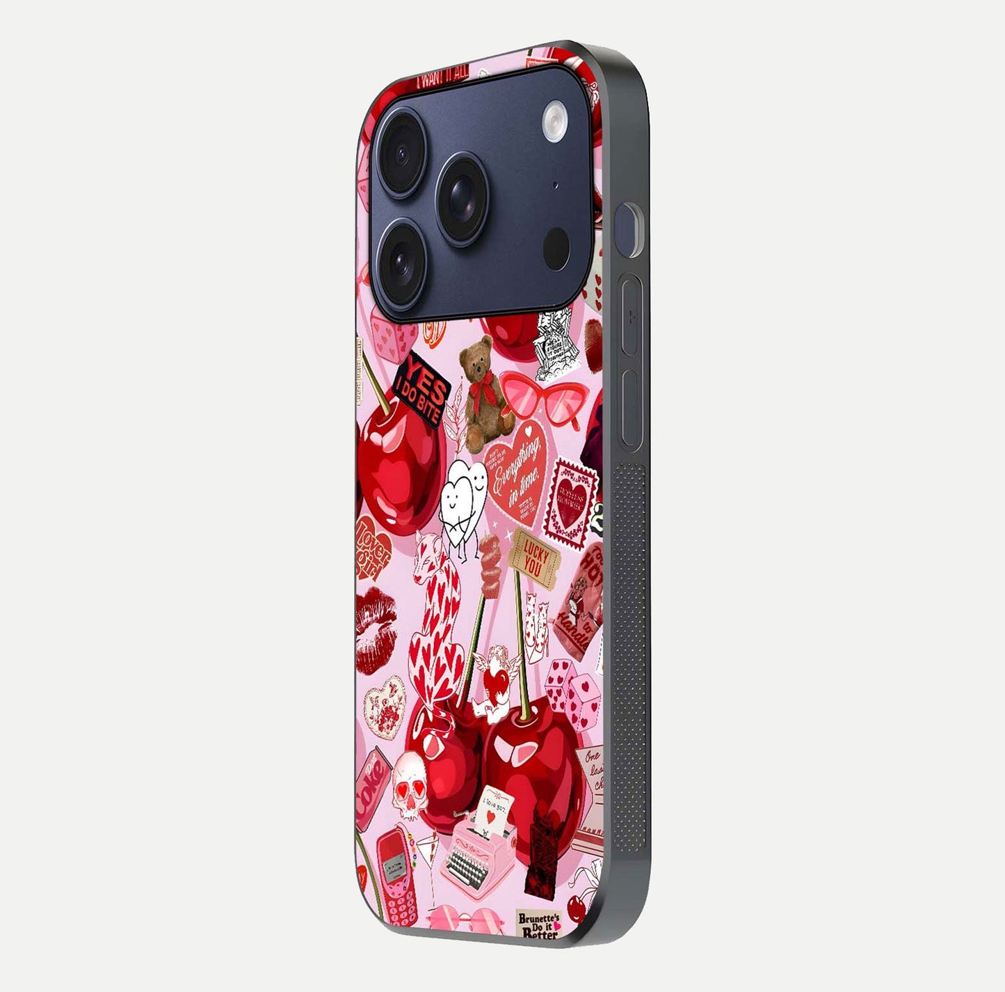 Sweet Cherry Chaos Glass Case for iPhone 17 Pro side-angle image showing shine, gloss, and cherry details