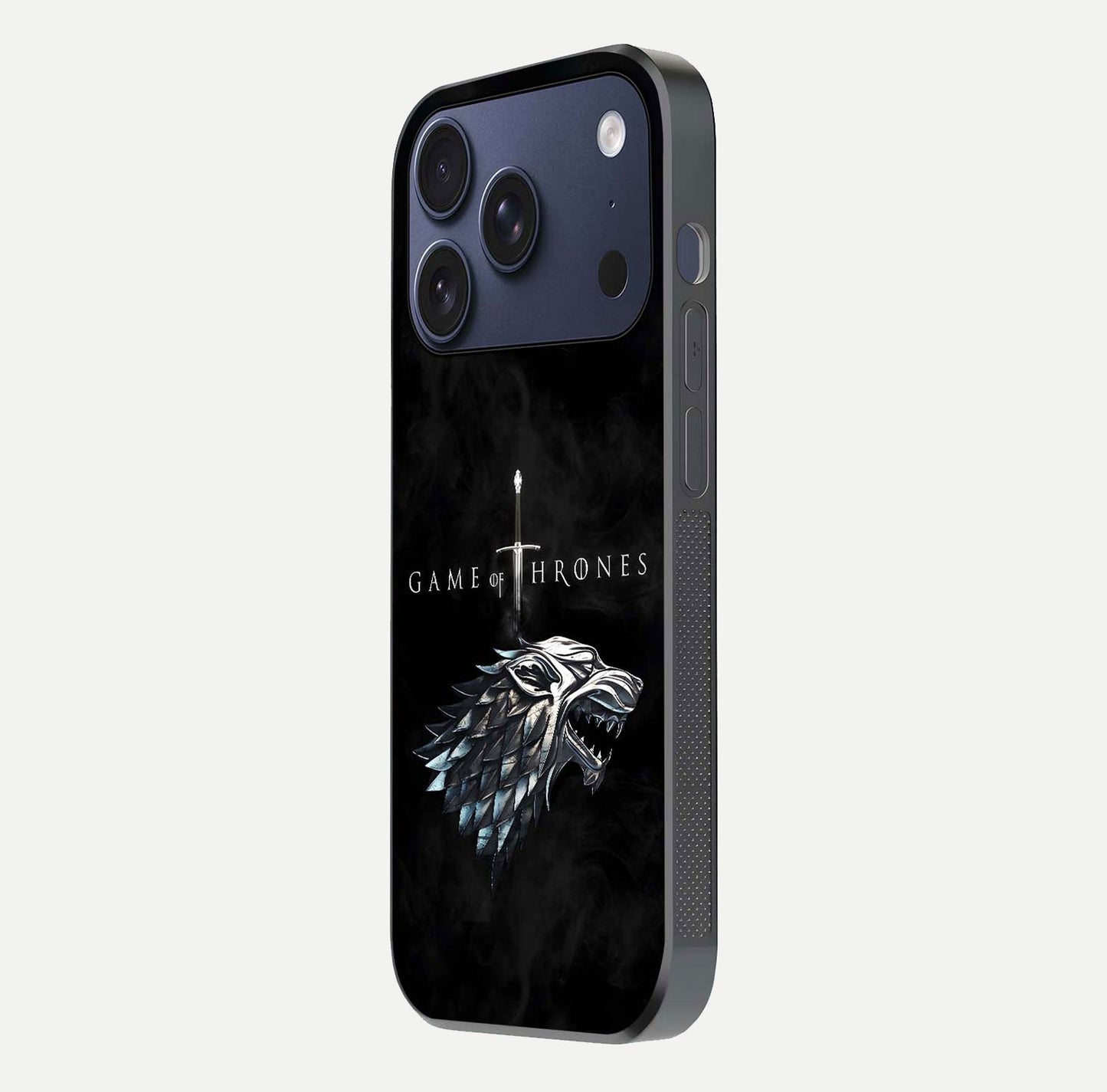 Throne Wolf Legacy Glass Case for iPhone 17 Pro side-angle image showing gloss, texture, and HD print
