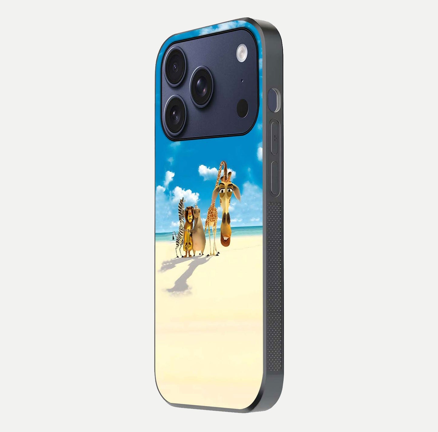 Tropical Fun Squad Glass Case for iPhone 16 Pro side-angle image showing shine, color depth, and surface gloss
