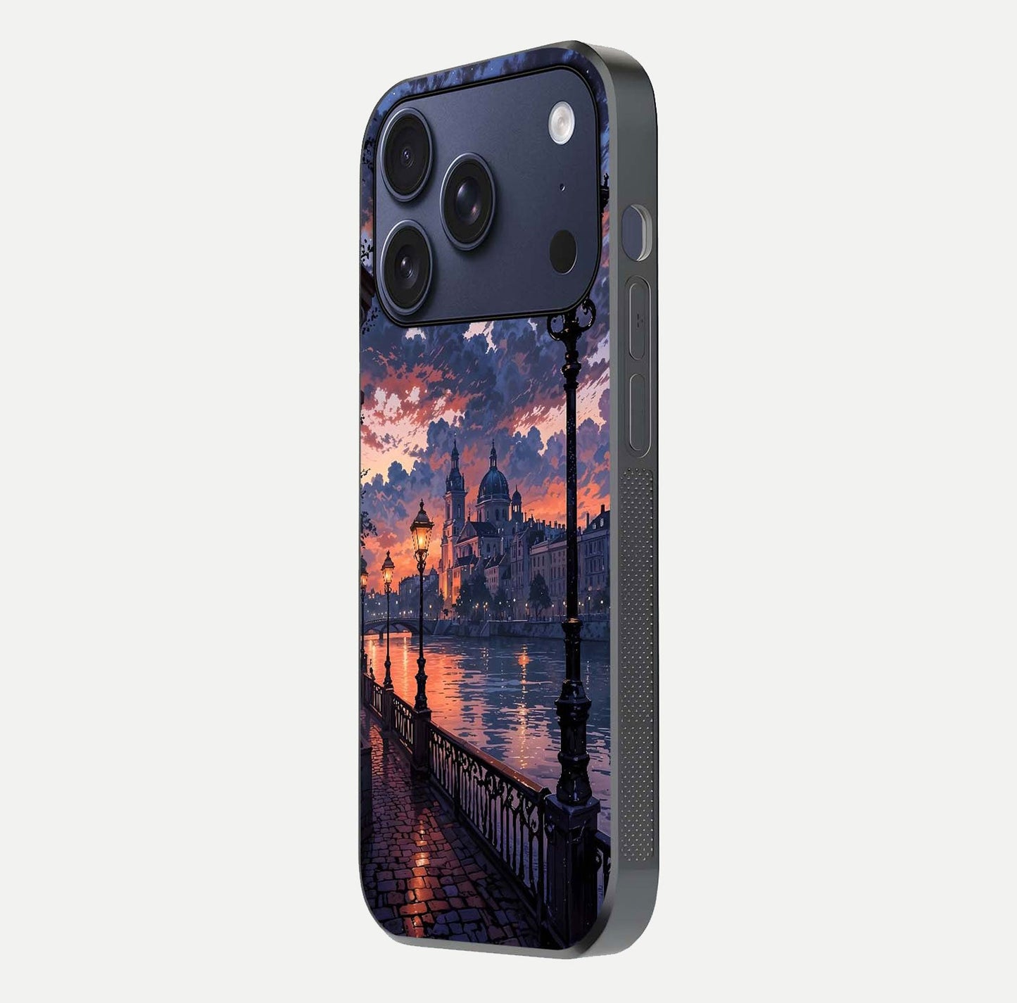 Twilight River Lights Glass Case for iPhone 16 Pro side-angle image showing reflections, lighting, and gradient tones