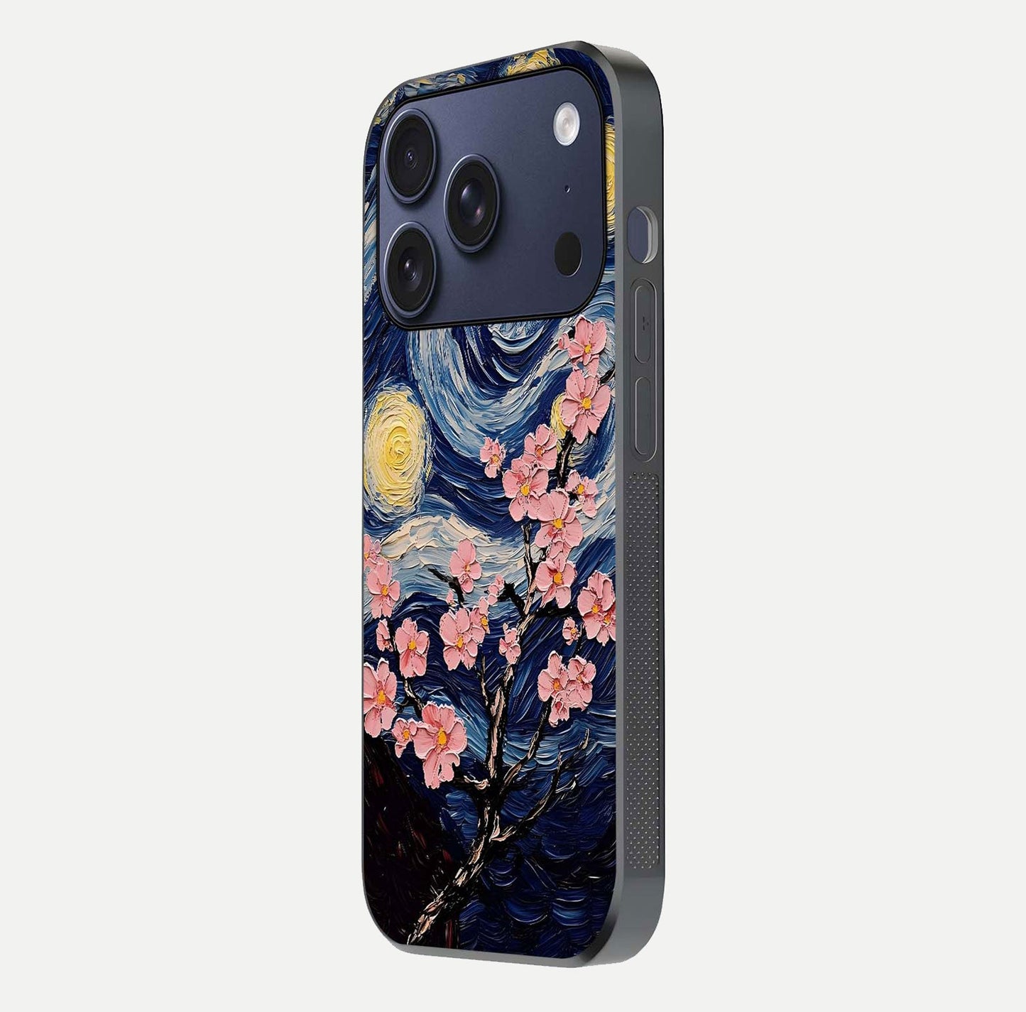 Van Gogh Scenery Glass Case for iPhone 17 Pro side-angle image showing shine, gloss, and scenic color palette
