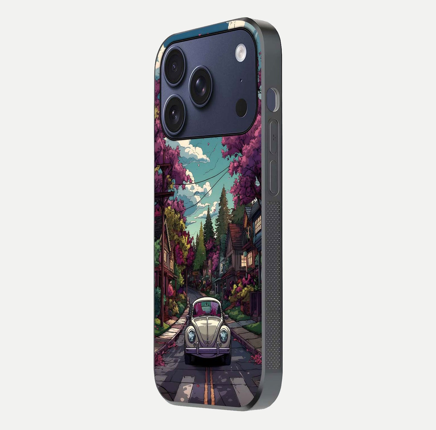 Vintage Street Drive Glass Case for iPhone 17 Pro side-angle image showing gloss reflection and design detail