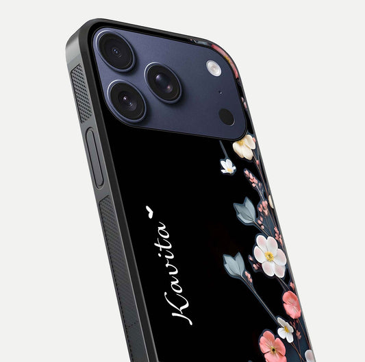 Black Elegance Floral Custom Name Glass Case for iPhone 17 Pro close-up shot showing rose detailing and elegant reflection