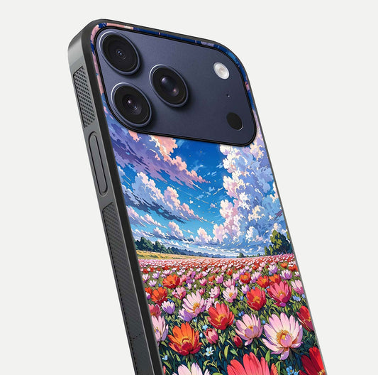 Blossom Sky Field Glass Case for iPhone 17 Pro close-up image showing petal patterns and subtle sky gradient