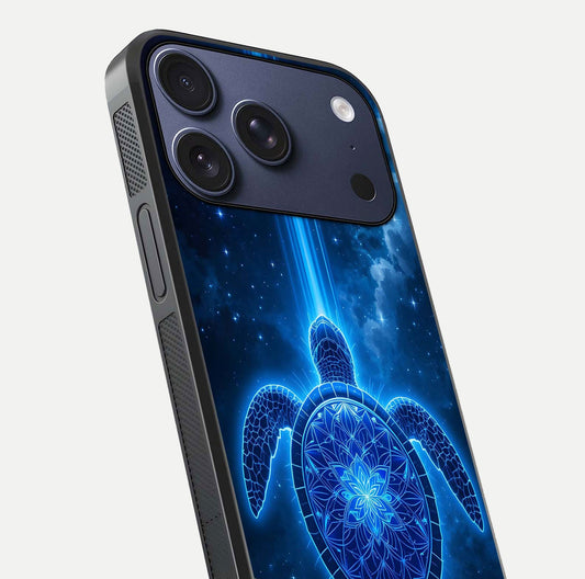 Blue Galaxy Turtle Glass Case for iPhone 17 Pro close-up image showing turtle shell detail and glowing galaxy tones