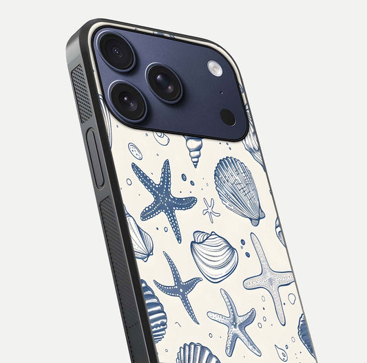 Blue Ocean Outline Glass Case for iPhone 17 Pro close-up shot highlighting line art details and reflection texture