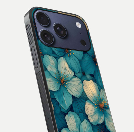 Blue Shade Floral Glass Case for iPhone 17 Pro close-up angle showing flower print precision and reflection