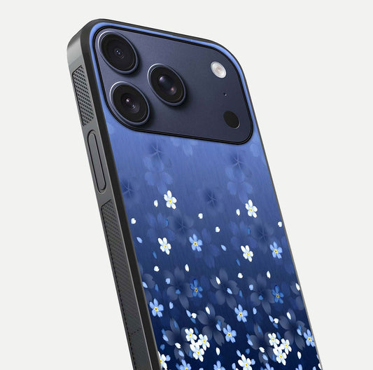 Blue Starry Glass Case for iPhone 17 Pro close-up image highlighting sparkle details and midnight blue gradient