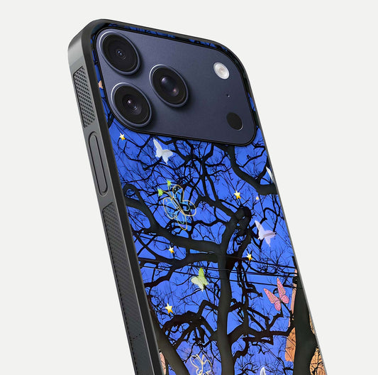 Butterfly Night Magic Glass Case for iPhone 17 Pro close-up highlighting wings reflection and gloss shimmer