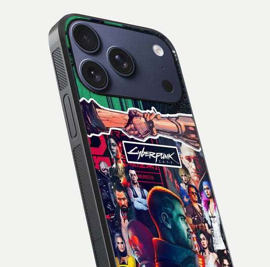 CYBERPUNK Legacy Glass Case for iPhone 17 Pro close-up highlighting circuit texture and reflection tone